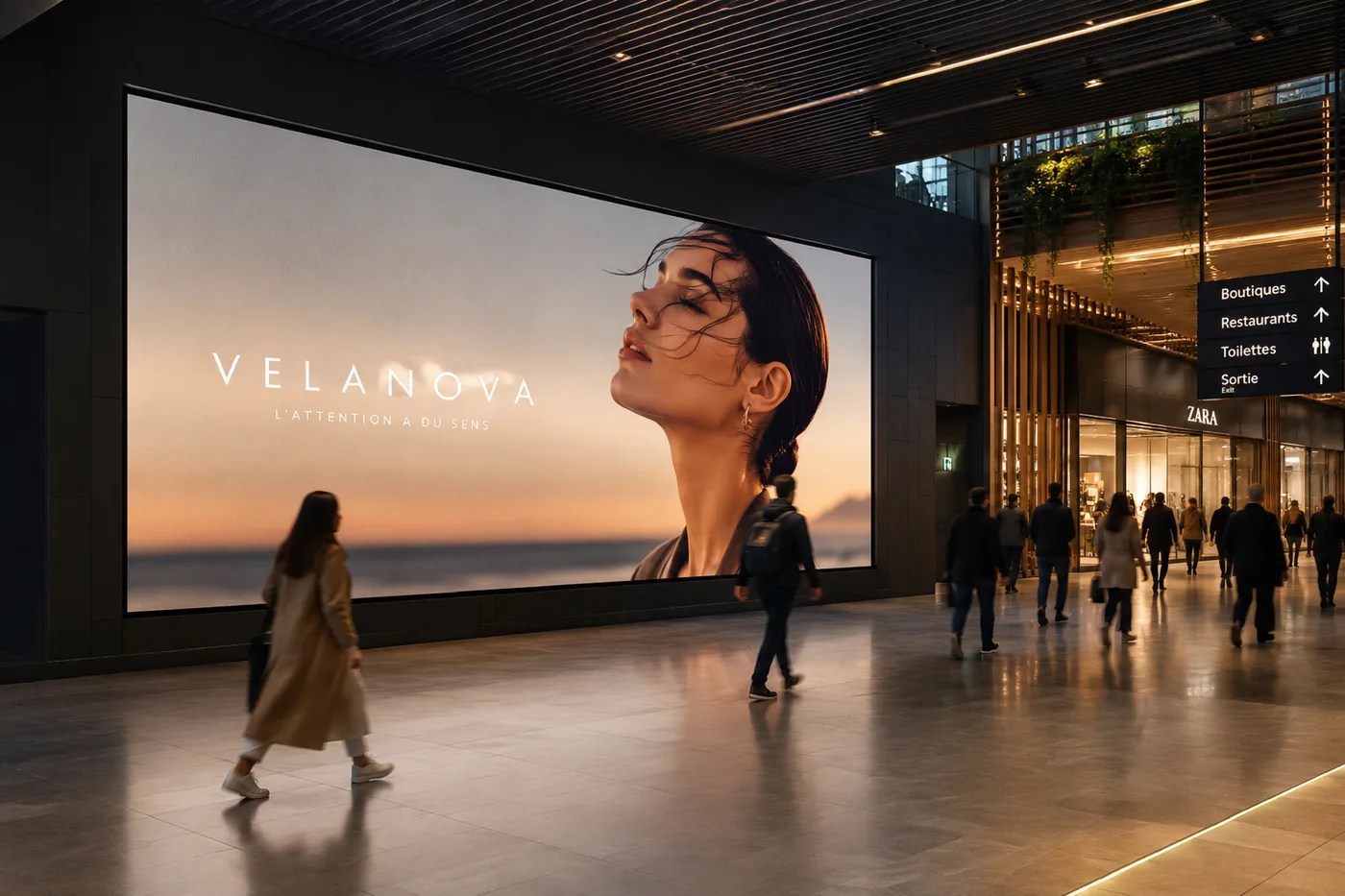 Mur LED diffusant une campagne dans la galerie d'un centre commercial