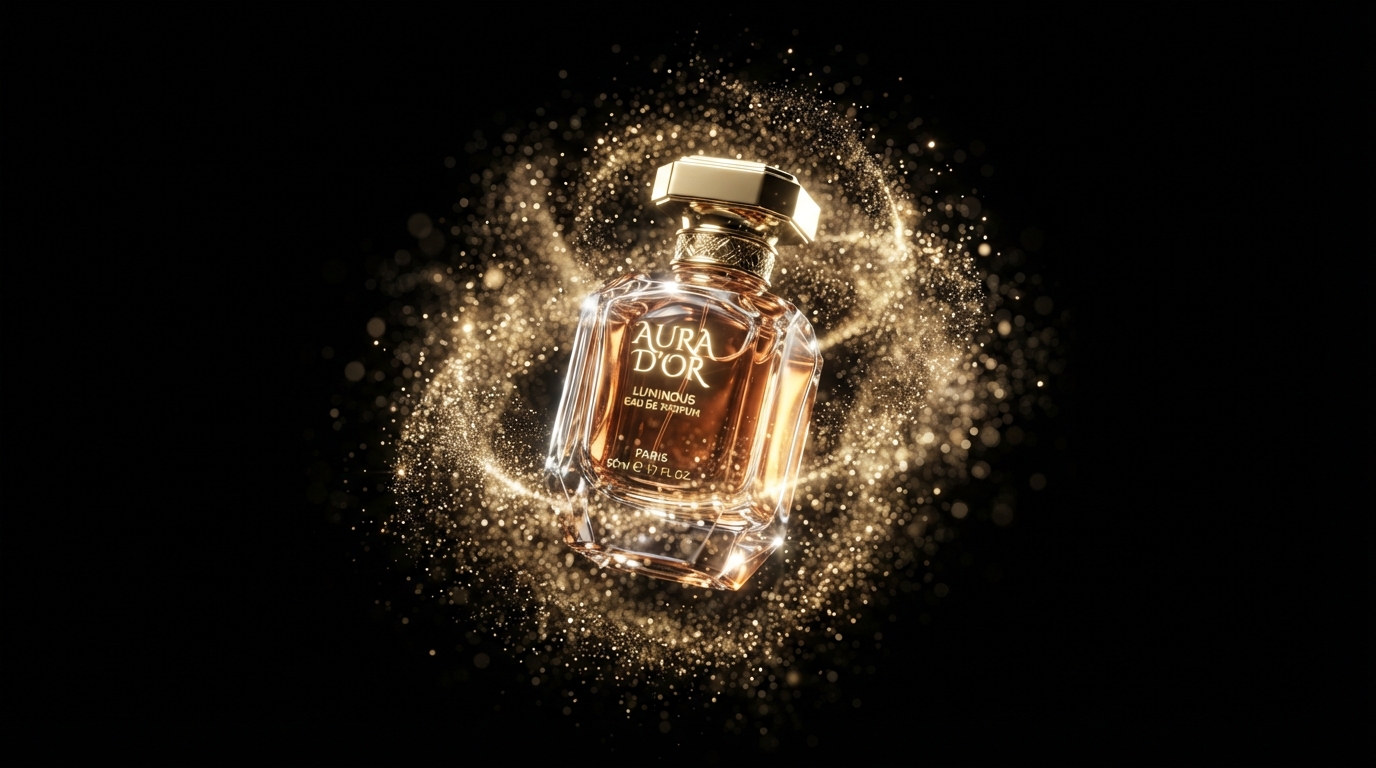 Flacon de parfum doré en suspension dans un tourbillon de particules lumineuses